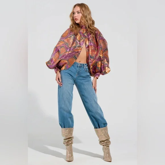 Colorful Brocade Long Sleeve Puff Blouse ✨ - Picture 7 of 7